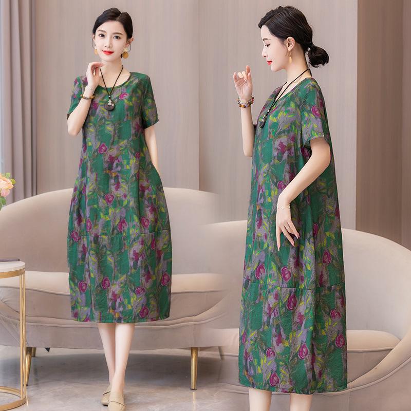 Women's Plus Size Summer Cotton Linen Slimming Midi Dress - Fashionable, Flattering, and Loose Fit