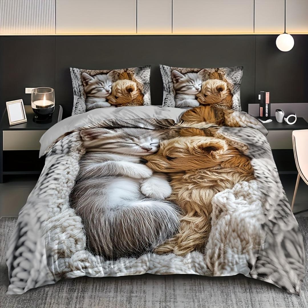 

3 шт. Милые кошки собаки 3D печатный постельный комплект Уютный удобный пододеяльник размер кинг, квин, твин подарок на день рождения украшение для спальни EU Single 135x200cm