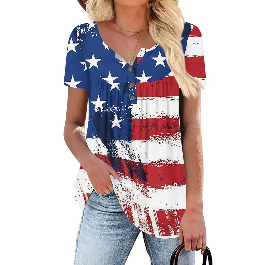 Women Tunic Tops Dressy Casual Summer Short Sleeve Shirts Loose Fit Pleated Boho Top Independence Day