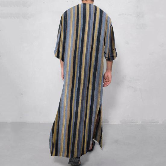 Gown Shirt Colorful Striped Pockets Single-breasted Round Neck Soft Long Shirt for Daily Wear