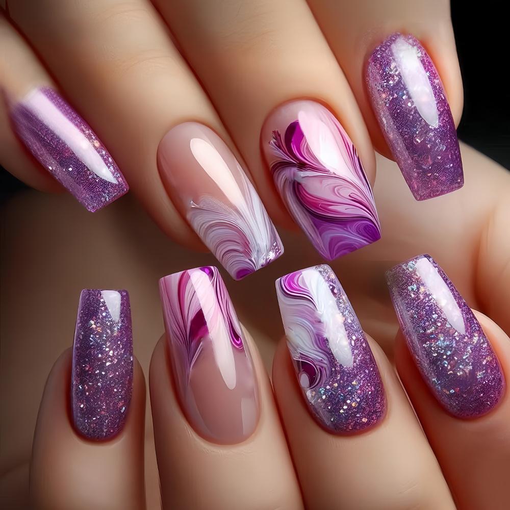 

European and American hot-selling Chinese nail-shaped luxury dark night purple rhyme texture wearing nail removable nail nails