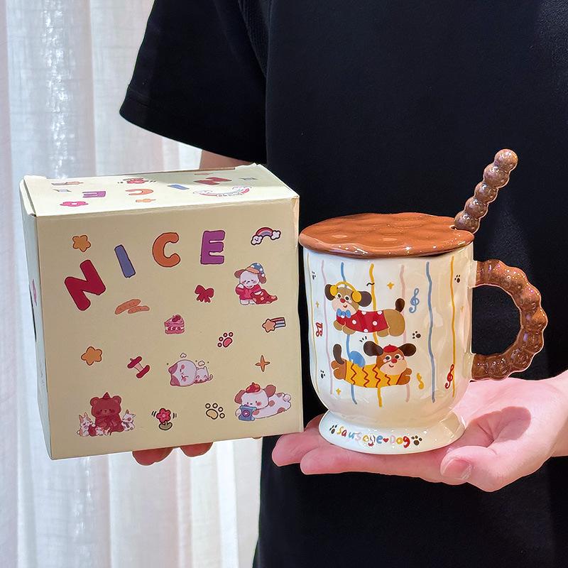 Dachshund Dog Ceramic Mug with Lid Spoon High Looking Office Household Drinking Water Couple Water Cup Girl Birthday Gift