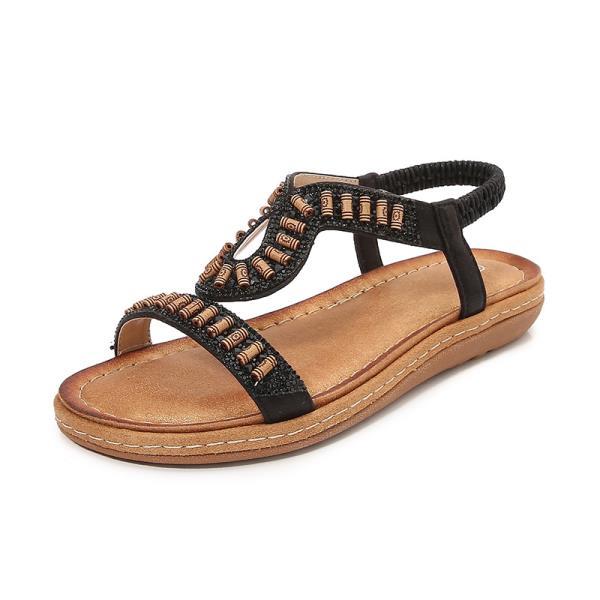 Fashion Low Sandals Woman Leather 2025 Summer Large Size Female Shoe Round Toe Low-heeled Fashion Rhinestone Big Flat Girls Beige Bohemi