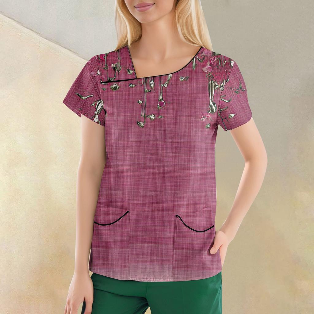 Women's Casual  Print Short Sleeve Sloping Collar Workwear Top With Double Pockets