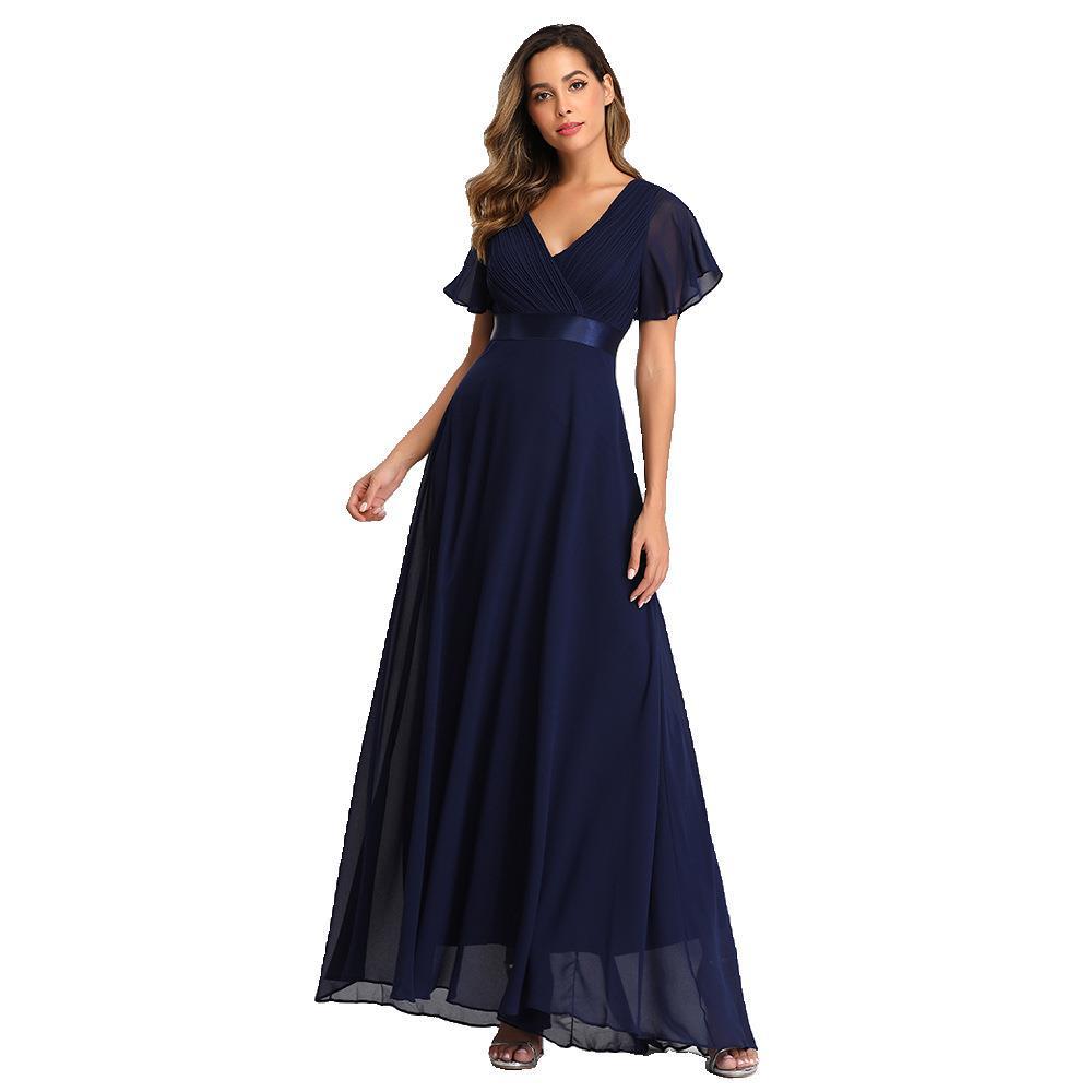 Summer Spring V Neck Flared Sleeve Chiffon Dress Elasticity Plus Size Evening Gown Hand Pleated A Line Bridesmaid Dress