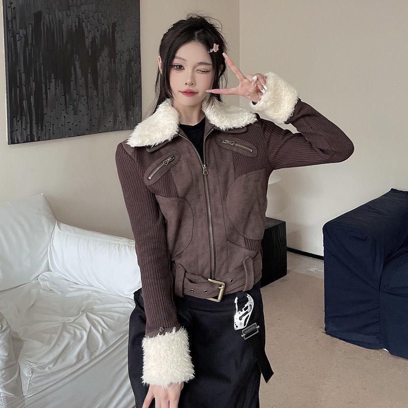 Y2k Fur Coat Women Vintage Harajuku Knitted Jacket Grunge Aesthetics Fur Collar Zipper Coat