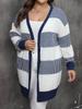 Women's Cardigan Autumn and Winter European and American Large-size Women's Clothing Contrasting Colors Striped Splicing Woven Casual Sweater Jacket 