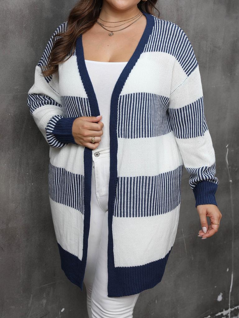 Women's Cardigan Autumn and Winter European and American Large-size Women's Clothing Contrasting Colors Striped Splicing Woven Casual Sweater Jacket