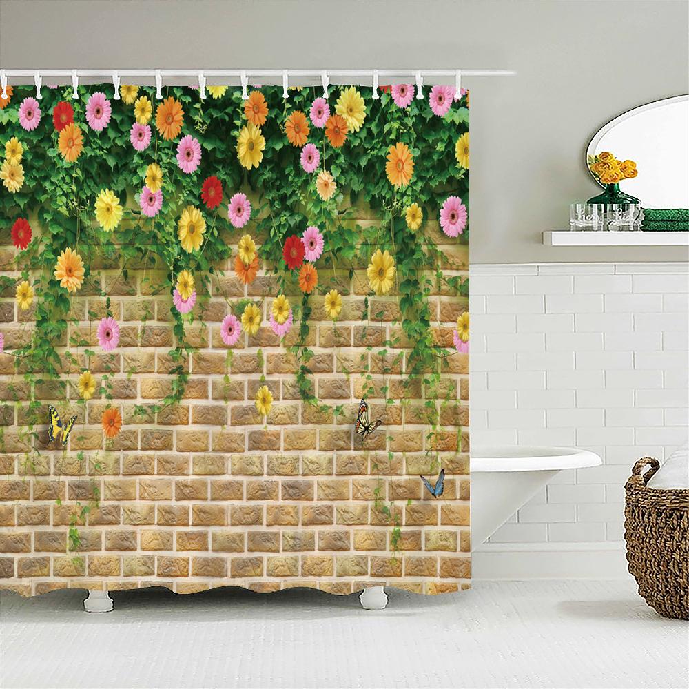 Vattentät Duschdraperi med Blommor Gräs Växt Stenmur för Badrum Badgardiner Extra Lång 180*200 CM 3d Duschdraperi