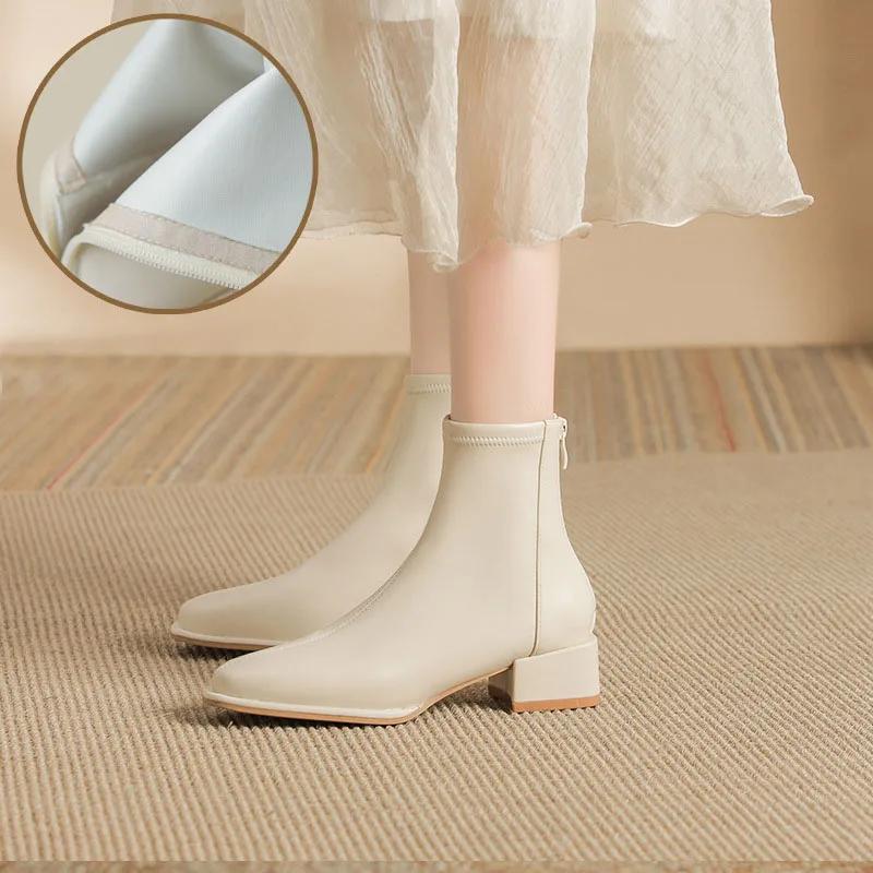 Fashion 2025 Autumn Winter Women Soft Leather Plus Velvet Heel Ankle Boots Fashion Square Toe Zipper Ladies Short Boots Botas De Mujer