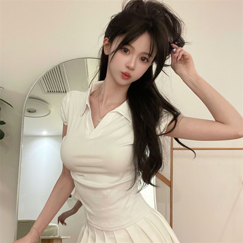 Summer Sexy Spice Slim Skinny Short Polo Neck Short Sleeve Fashion Personality Versatile Solid Color Top T-Shirt Ins