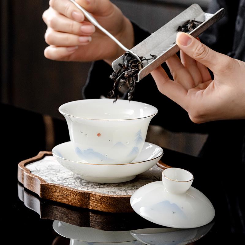 High-End Puyu Light Luxury Dehua White Porcelain Kung Fu Tea Set with Mutton Fat Jade Teapot