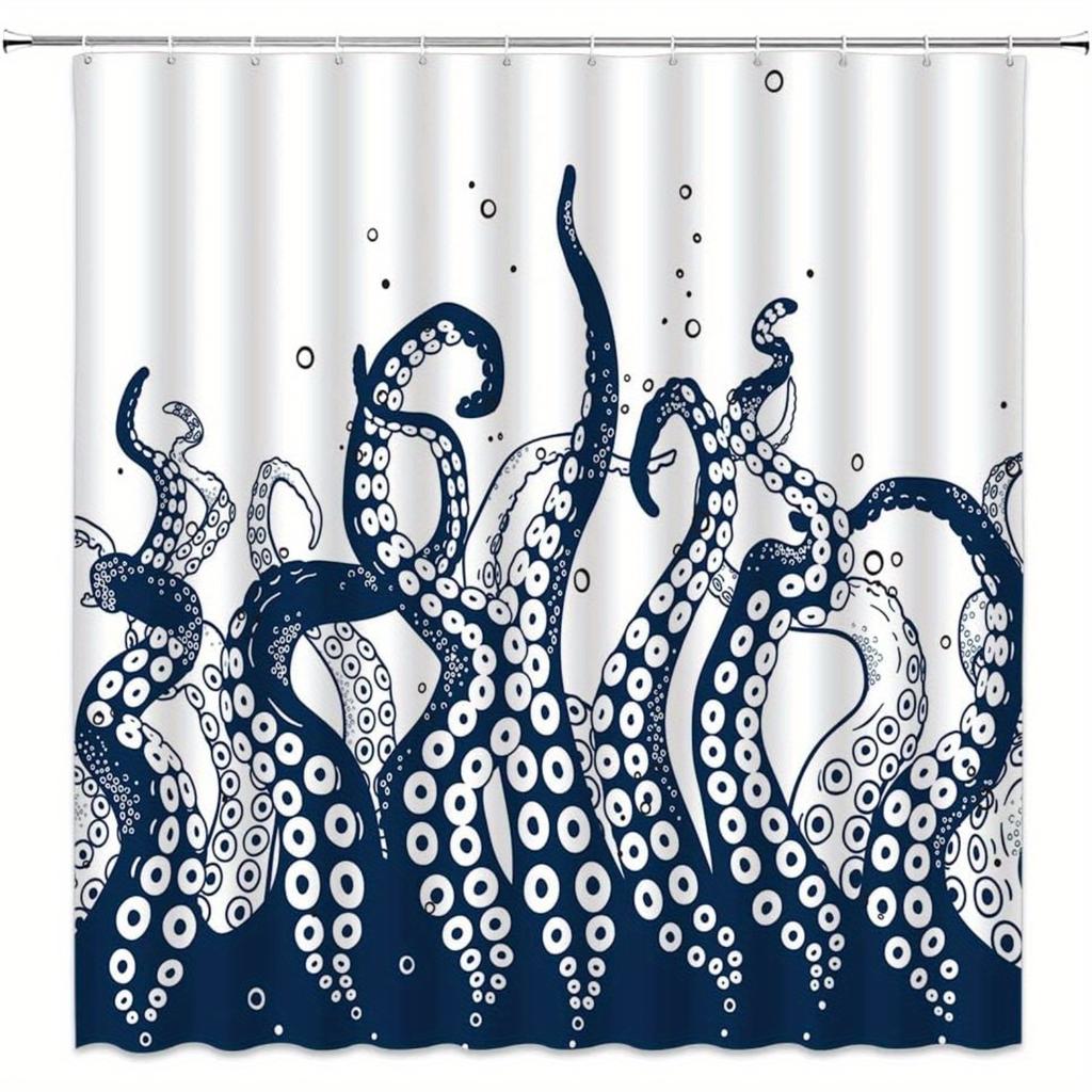 Navy Blue Octopus Shower Curtain - Kraken Sea Creature Design, Durable Polyester with Hooks for Nautical Bath Decor