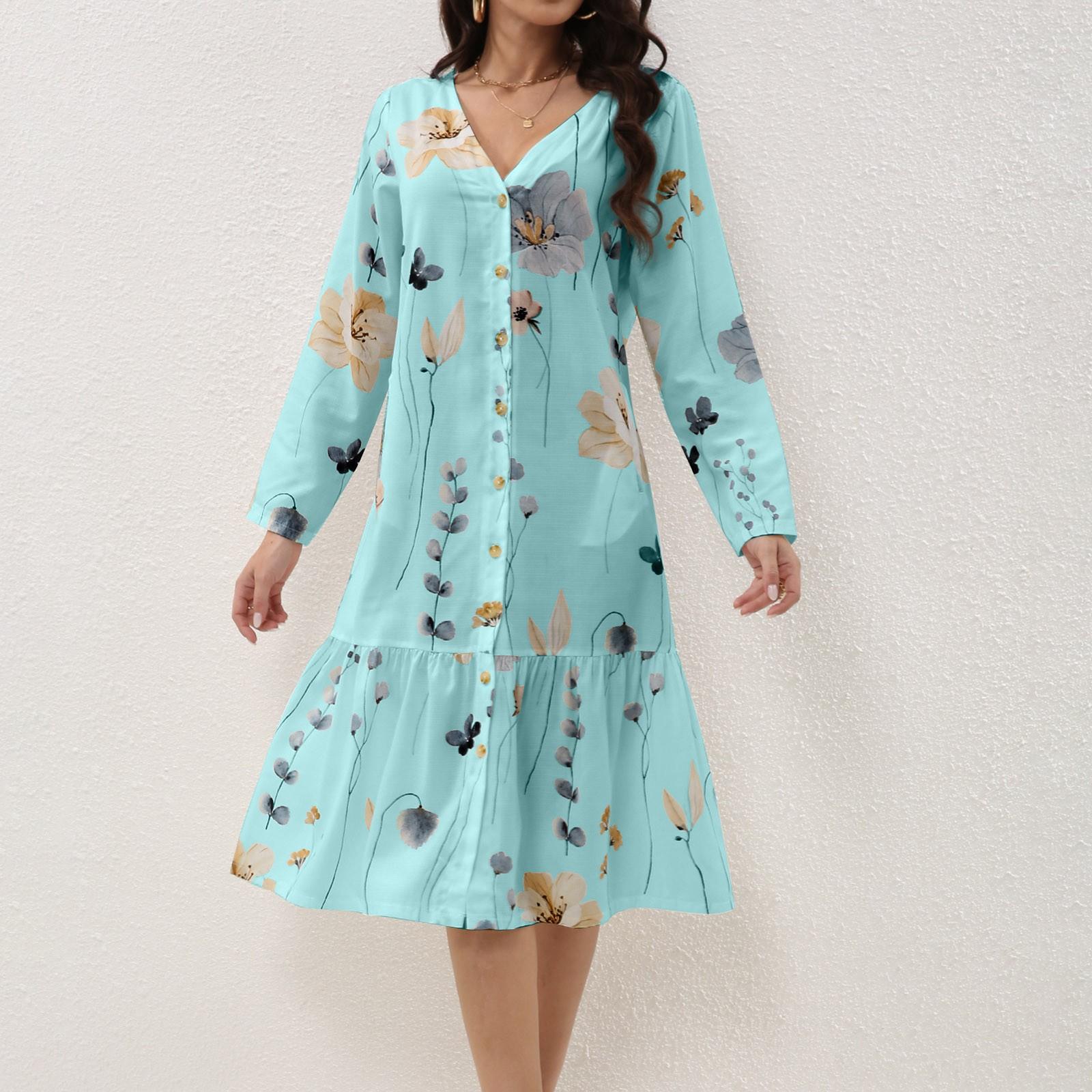 

Women s Casual Flower Print V-neck Long Sleeved Single Breasted Dress With Pockets