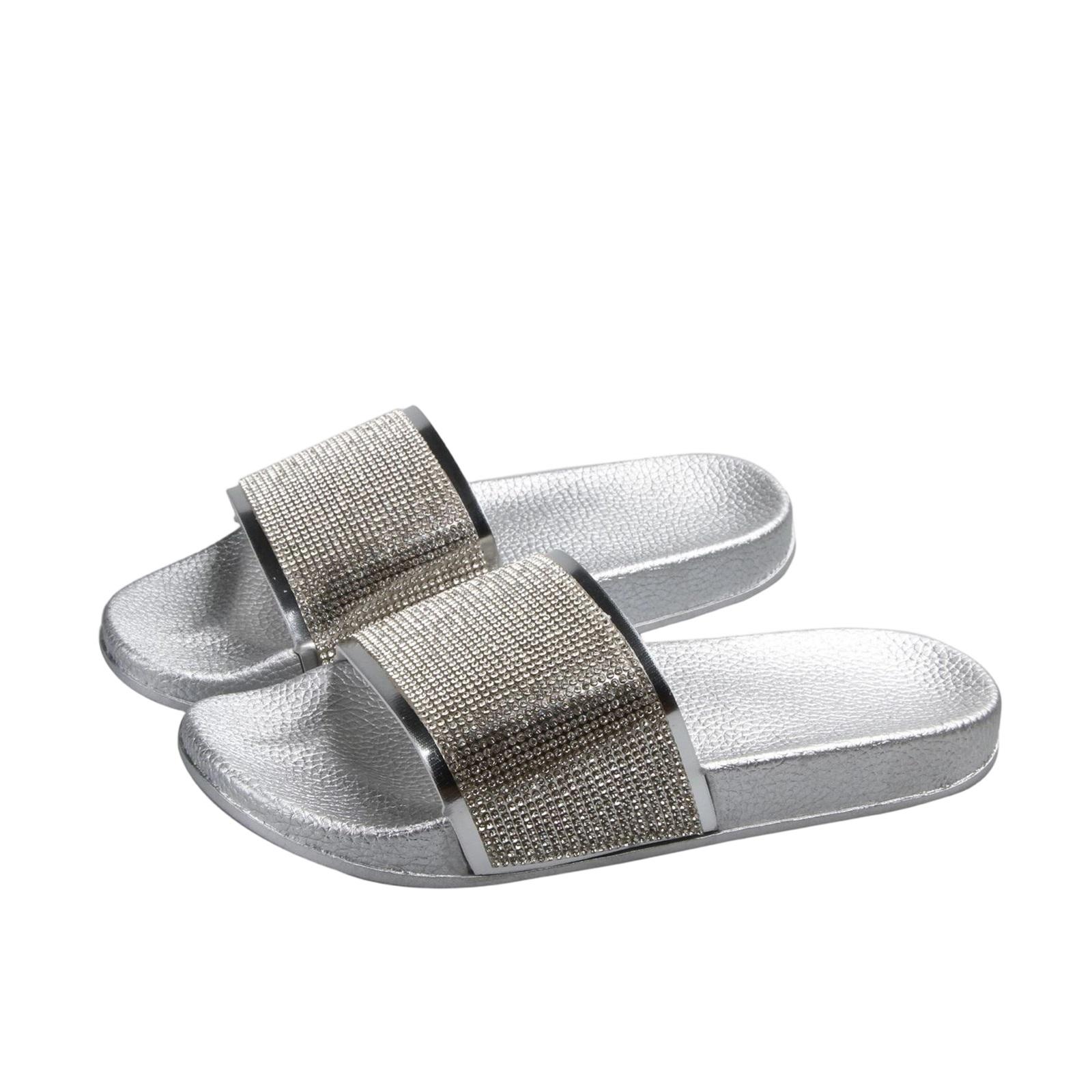 Damen Mode Strass Runde Zehenpartie Lässige Schlupf-Sandalen Bequem zum Hineinschlüpfen Sommer Outdoor Strand Schuhwerk 36 silber