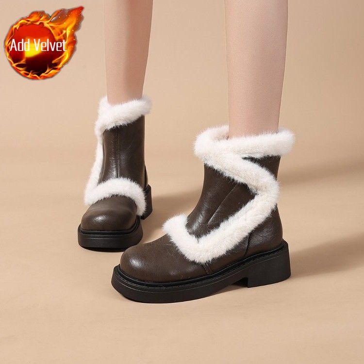 Winter Round Toe Chunky Snow Boots for Women Leather Plush Footwear Trend 2025 Padded Booties Goth Furry New In Woman Shoes Sale