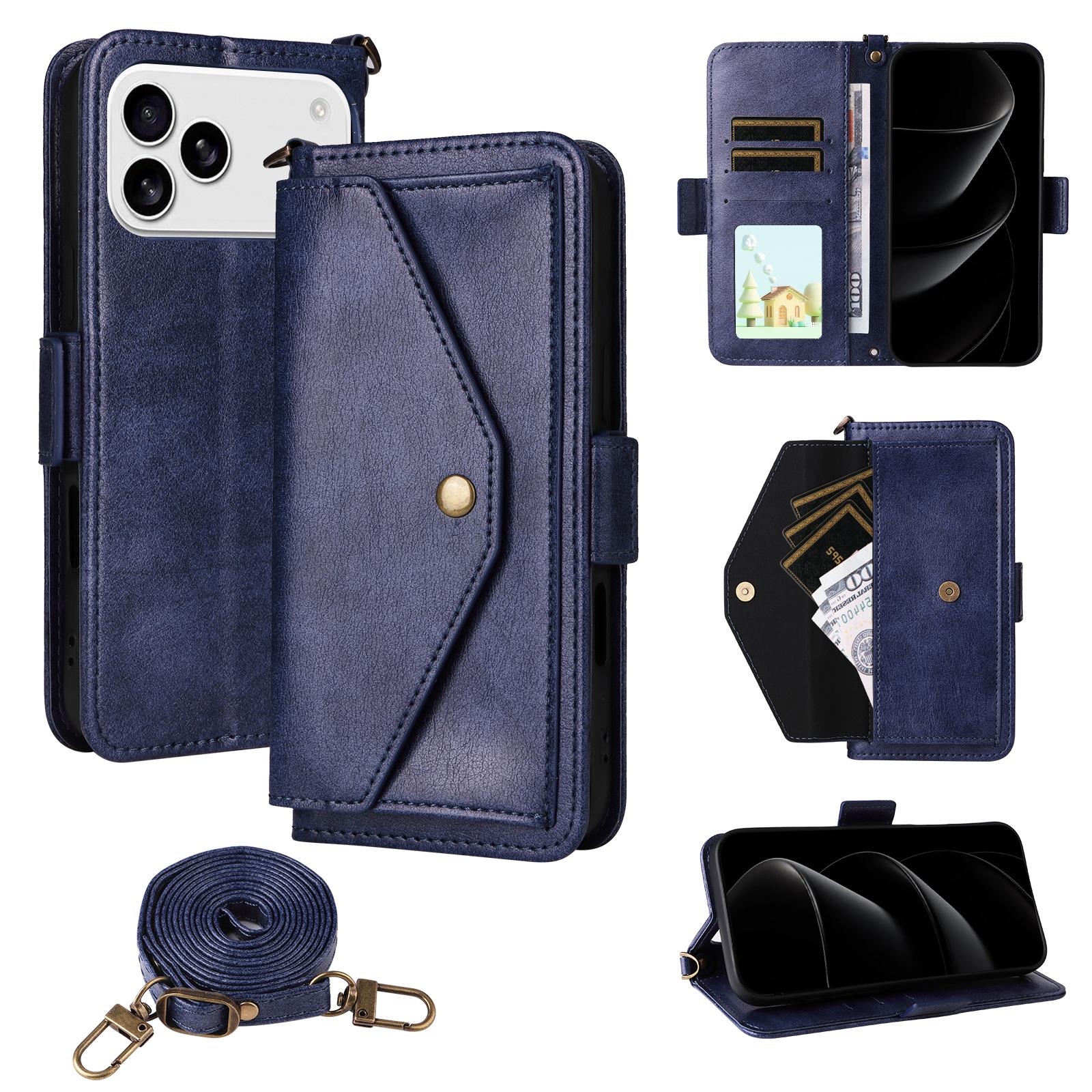 

For iPhone 17 Pro Leather Case Magnetic Closure Wallet Stand Phone Cover with Crossbody Strap Blue