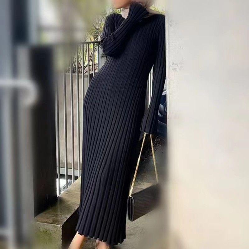 

European and American New Casual Waist Hugging round Neck Big Pit Strip Knitted dress round Neck Knit Dress Black XL