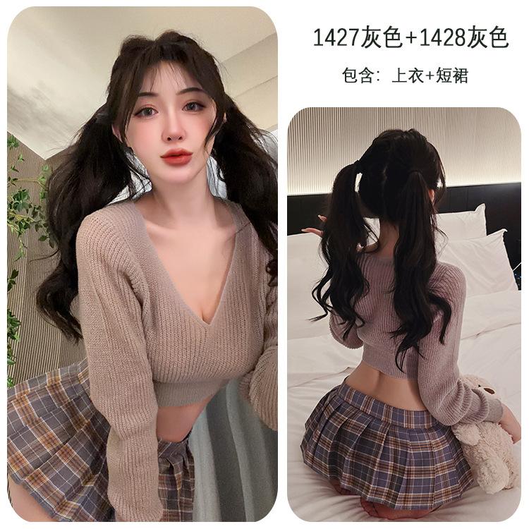 Sexy lingerie sexy jk plaid skirt low neckline sweater set pure desire uniform student 47