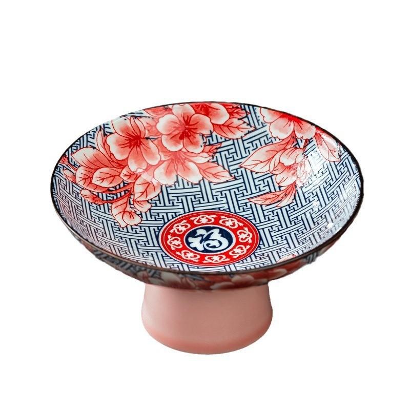 Chinese Ceramic Fruit Plates Retro High-legged Dessert Snacks Plate Trays Blue and White Porcelain Tableware Kitchen Supplies