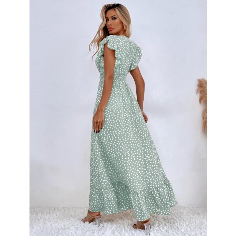 Fashion Short Sleeve Polka Dot Printed Summer Dress V-neck Ruffle Edge Elegant Casual Party Long Dress Women Loose Simple Slim Fit Women's Clothing