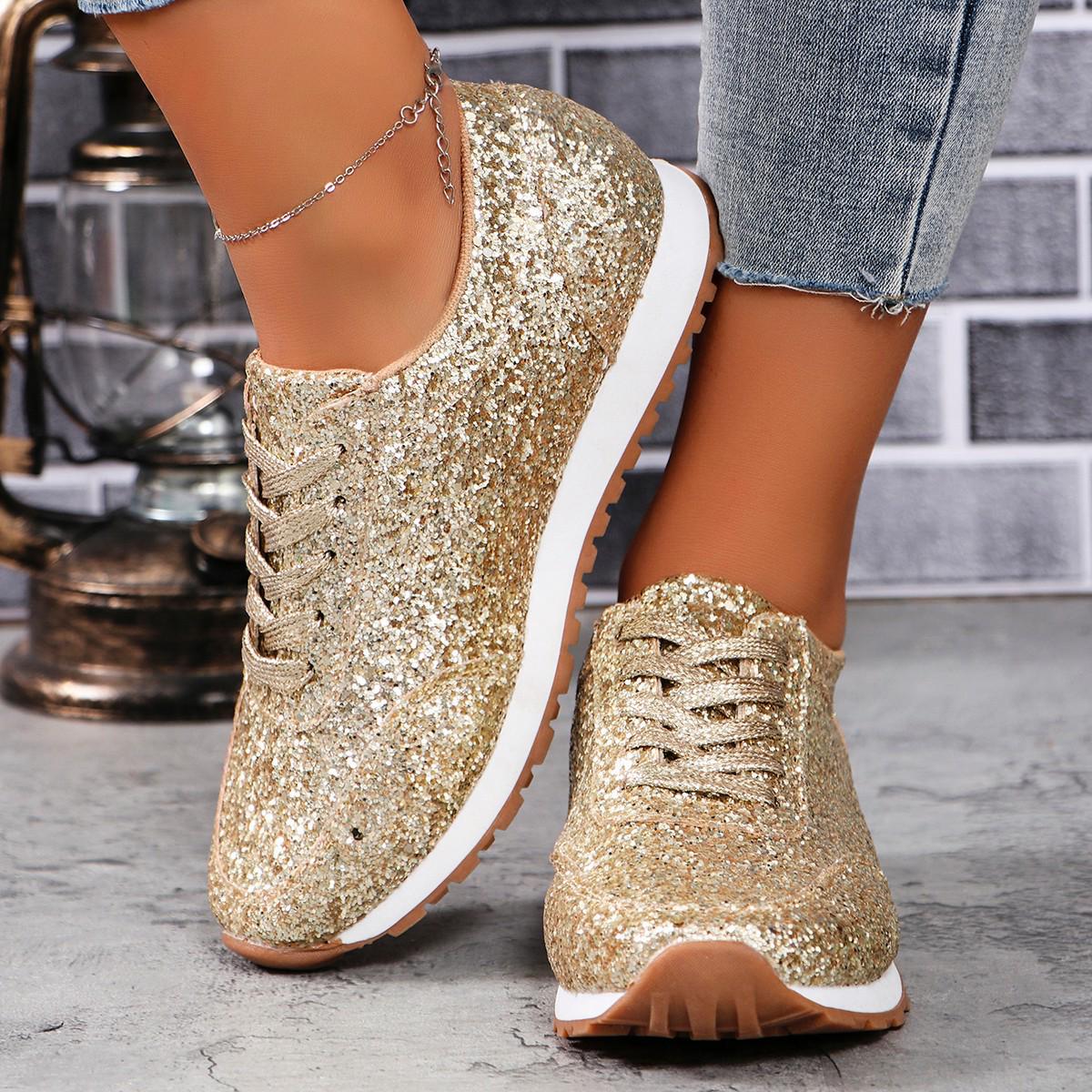 

Women s Plus Size Sequin Lace-up Casual Sneakers - 2025 European & American Style 37 золотий