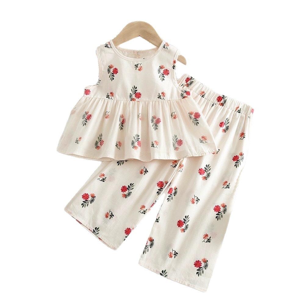 Girls Summer Floral Camisole And Wide Leg Pants Set Casual Comfortable Two Piece Outfit For Kids