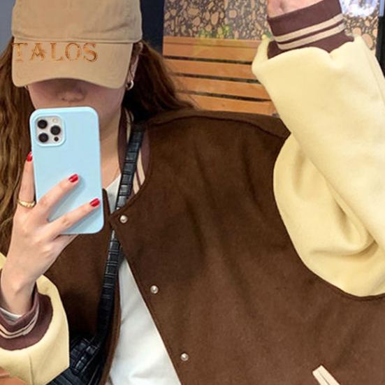 Damer Baseballjakke Fargeblokk Elastisk Mansjett Kant Ståkrage Unisex Løstsittende Overbekledning Enkeltspent Retro Amerikansk Stil Streetwear Parjakke