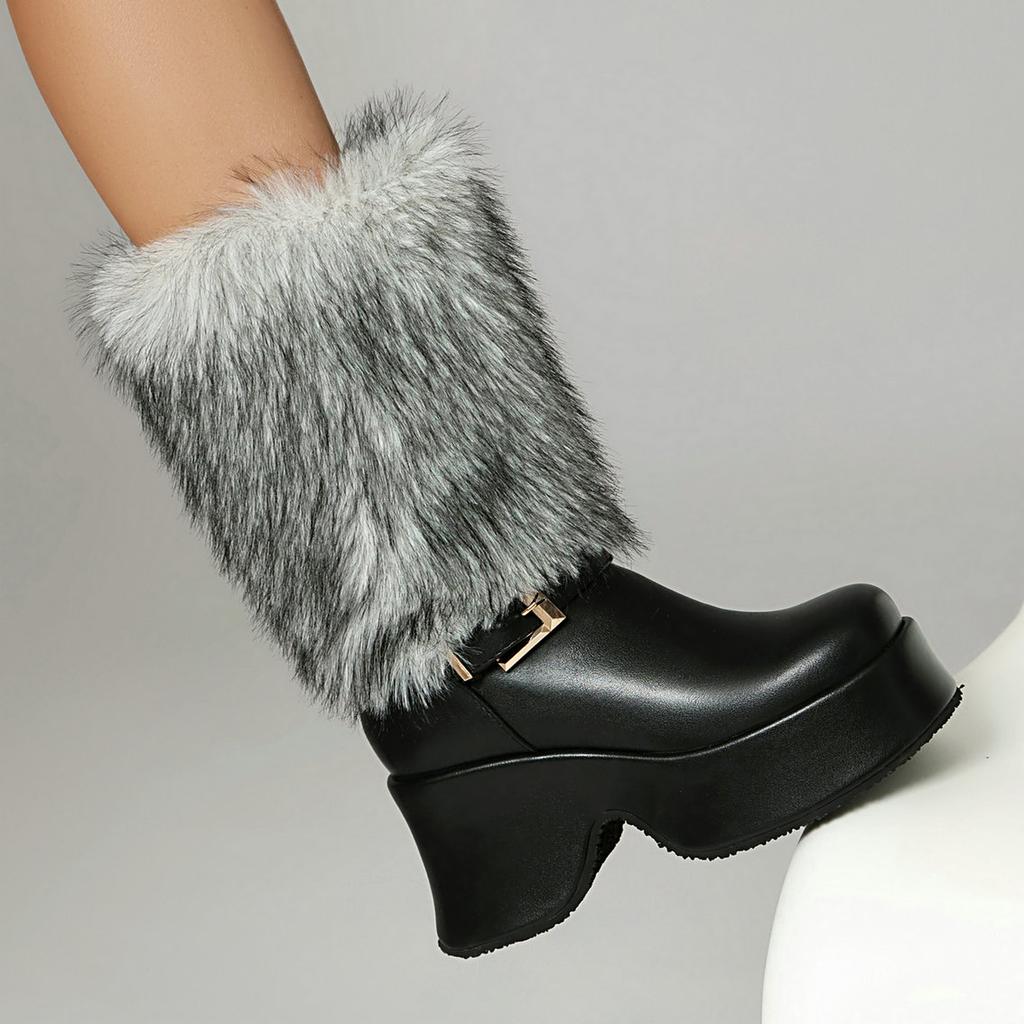 Winter Snow Boots Women's Mid Calf Platform Boots with Warm Fur 2024 Punk Style Leather Wedges Shoes