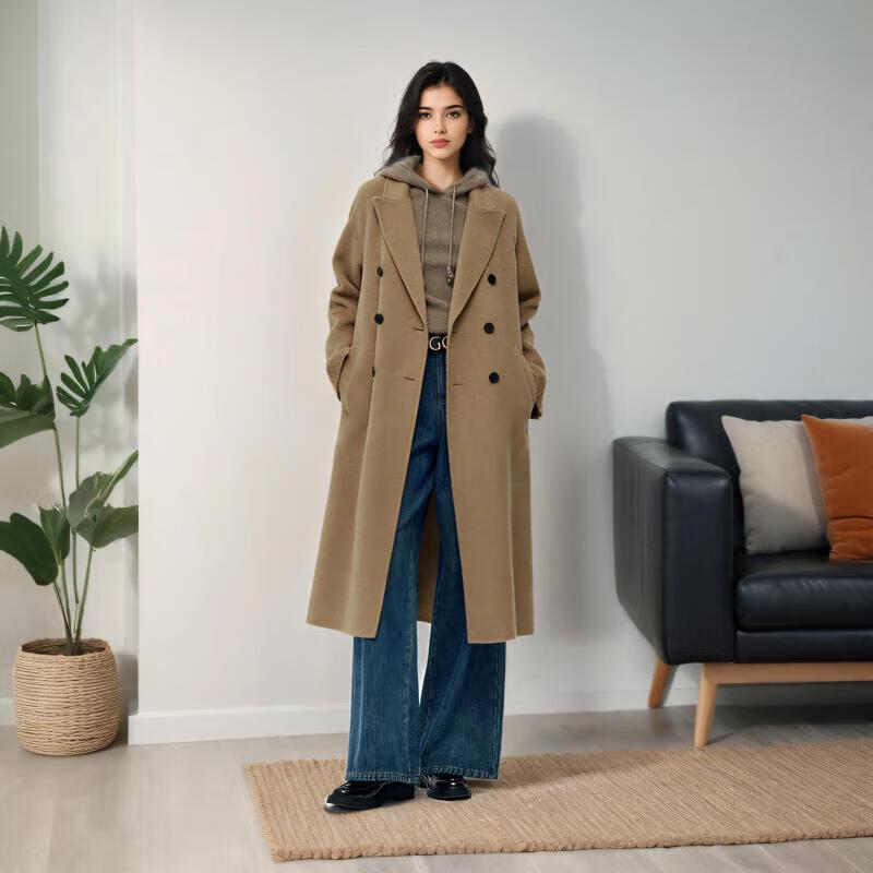 GOELIA Unisex Camel Wool Double-Faced Peak Lapel Coat