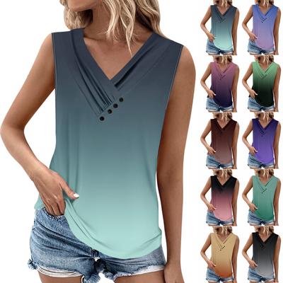 Summer Womens Tank Tops V Neck Casual Printed Sleeveless Shirts Casual Loose Fit Pleated Tshirts Tees Ladies Blouse