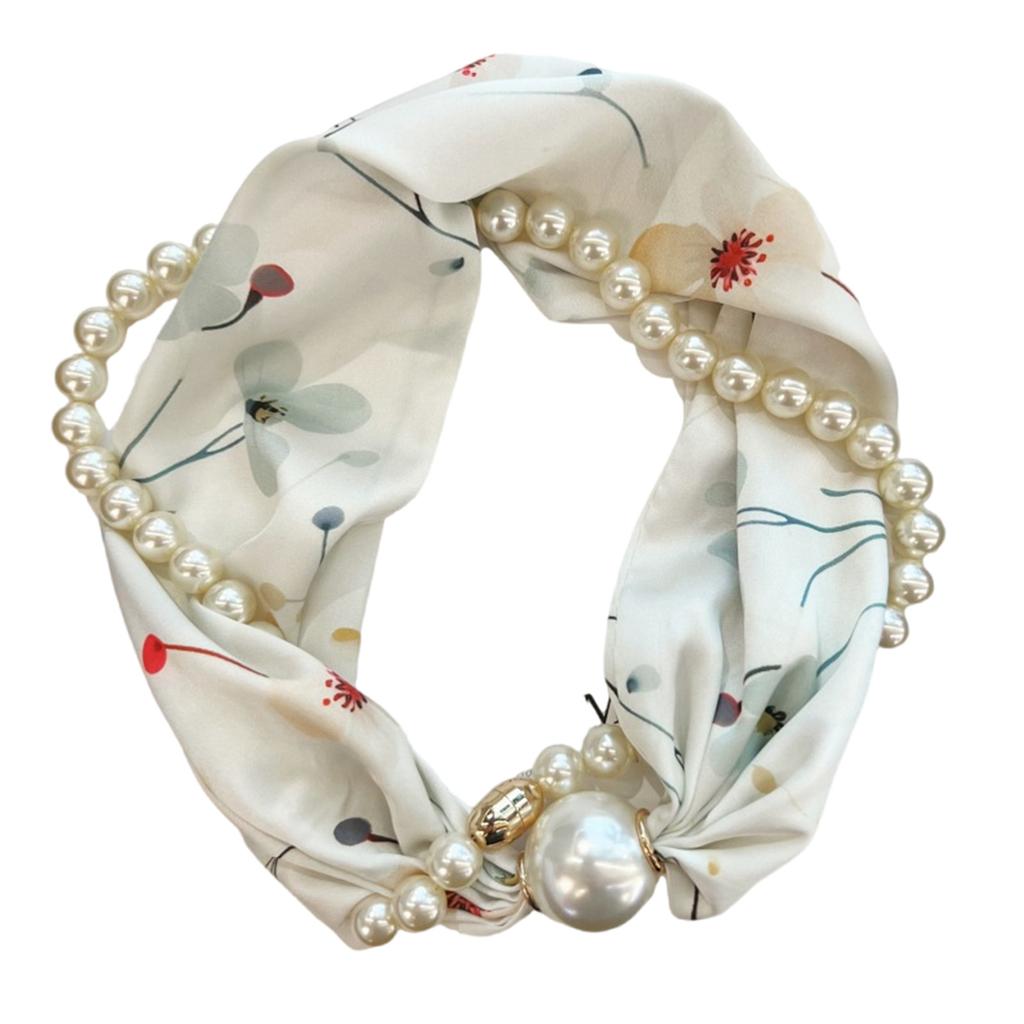 Magnetic Clasp Pearls Chain Necklace Floral Satins Scarf Elegant Silk Skinny Narrow Neckerchief for Fashionable Women
