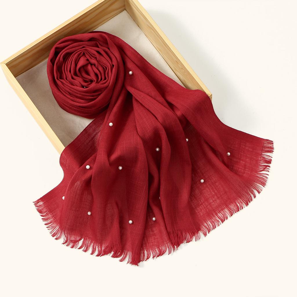 Soild Remove Edge Cotton Bamboo Scarf With Pearls Muslim Hijab Long Shawl Elegant Pearl Headscarf Soft Comfortable Cotton Shawl