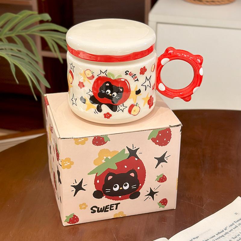 Cartoon Fruit Black Cat Ceramic Cup with Lid Cute Animal Household Mug Breakfast Milk Oatmeal Cup Souvenir