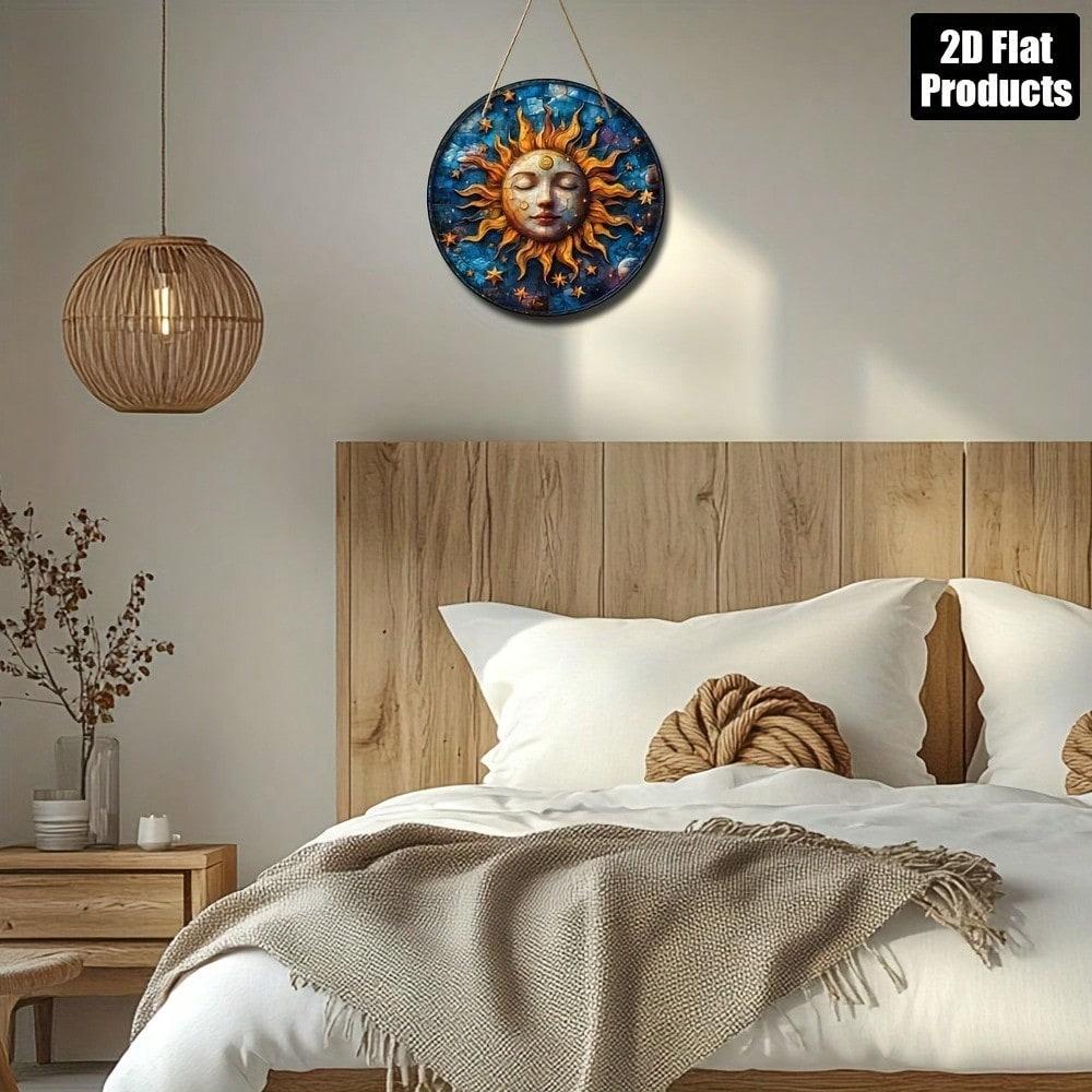 Iron Sheet Art Abstract Sun Moon Round Wall Decor 8x8 Inches 2D Flat Metal Painting Home