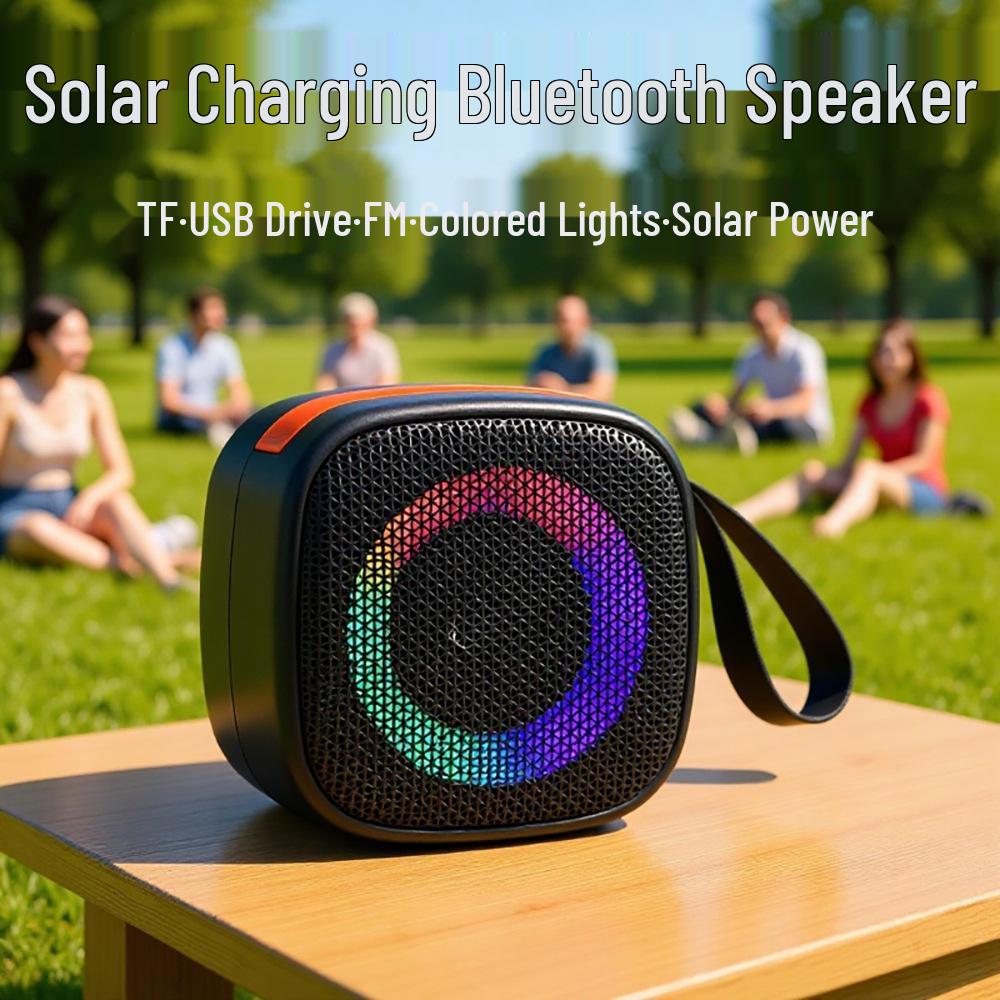 Southeast Asia & Africa Portable Wireless Bluetooth Speaker with Solar Charging, USB, Card Slot & Seven-Color LED Lights.
