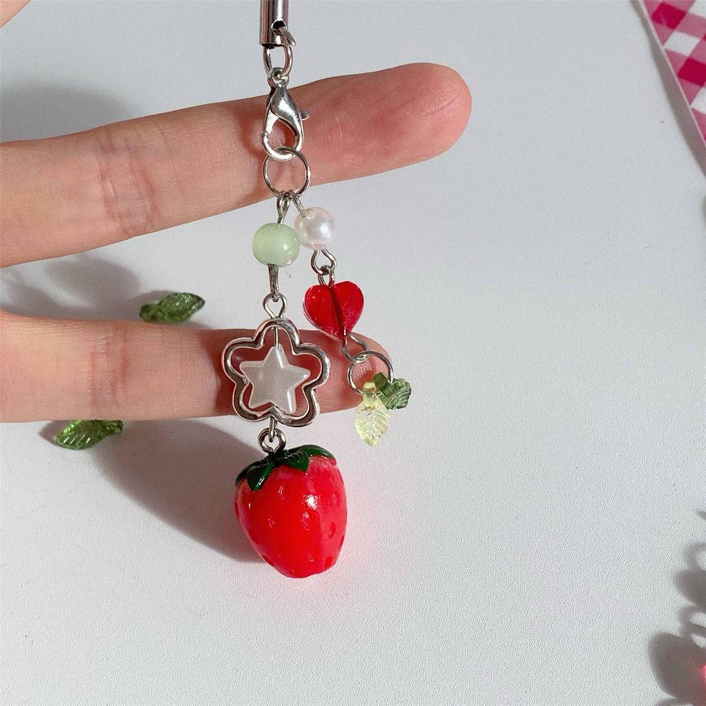 Stylish Phone Lanyard Strawberry Pendant Keychain Detachable Colorful Beaded Keyring Portable Accessory for Women