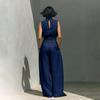 Women's Faux Linen Summer 2 Piece Outfit Sleeveless Stand Collar Top And Wide Leg Pants Matching Lounge Set with Pockets