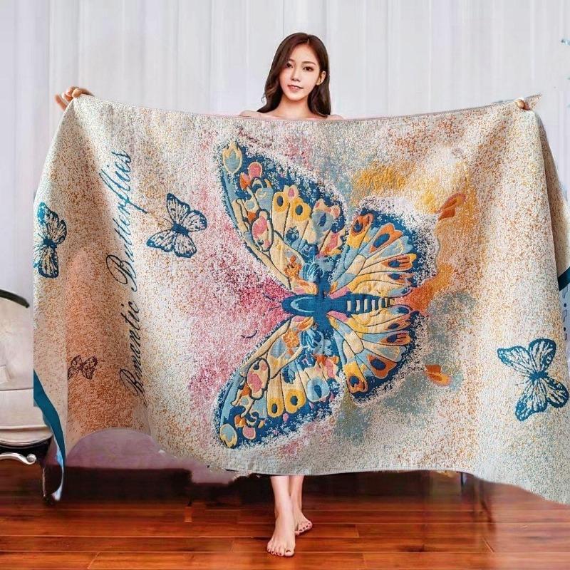 Multi-Layer Gauze Jacquard Floral Throw Blanket 80x160cm, Quick Dry Absorbent Large Cotton Bath Towel Soft Beach Towel for Couch Bed Napping Decor