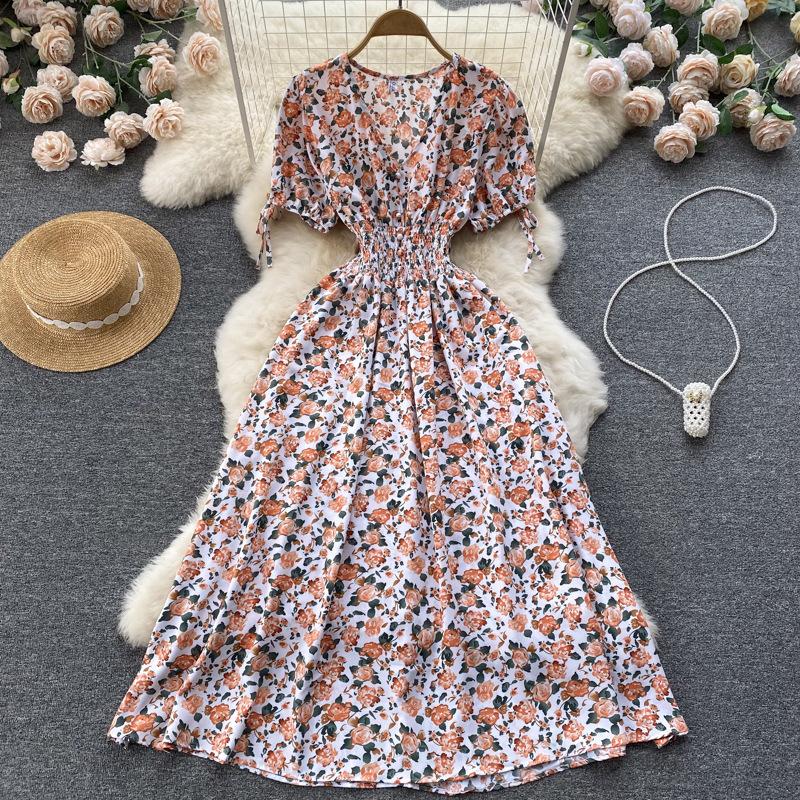 Women Summer Spring Short Sleeve Flower Print V-neck Casual A-Line Ankle-Length High Waist Dress