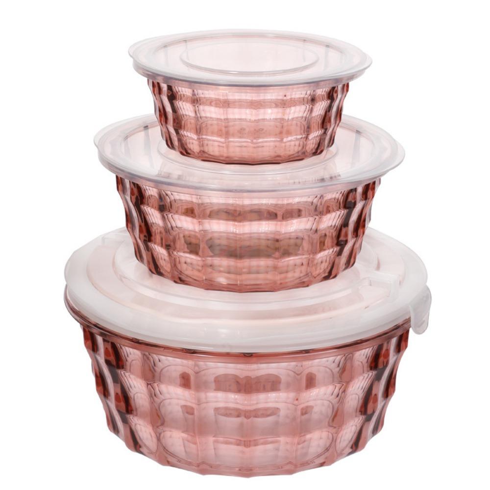 3PCS Stripe Pattern Food Preservation Box Set Transparent Folding Handle Food Keeping Container Round/Square Food Grade Plastic