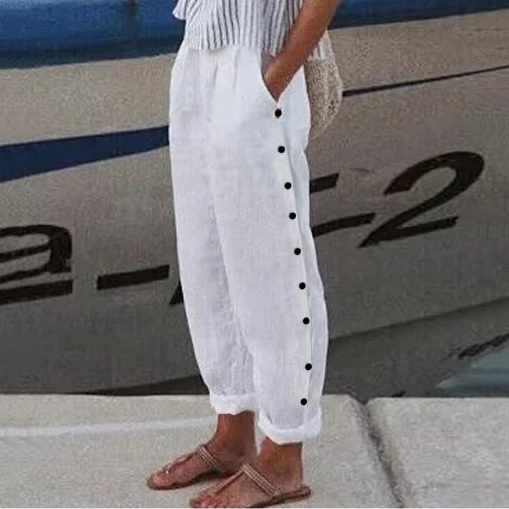 Women's Pants Fashion Color Elastic Waist Button Casual Pants