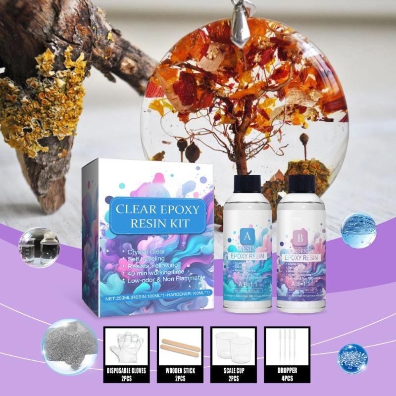 6.76OZ Epoxy Resin Clear for Jewelry Making, Art Resin, Including 4 Pipettes, 2 Measuring Cups, 2 Stick, 2 Pair Gloves