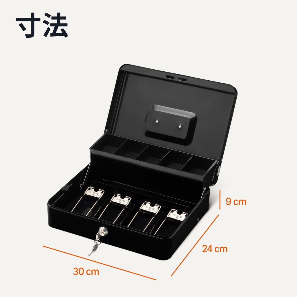 Amazon Basics Portable Cash Box/Coin Case with Lock/Tray, 30cm (L) x 24cm (W) x 9cm (H), Black