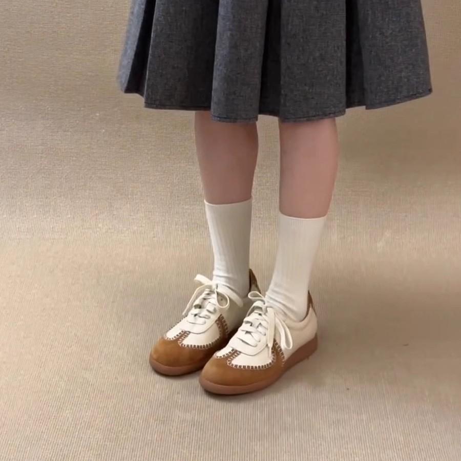 Cowhide Version~ American Retro Style Moral Training Shoes Women's New Round Head Color Matching Soft Sole Casual Sports Shoes Versatile Single Shoes