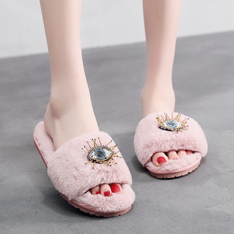 Fashion String Bead Cute Eye Cotton Slides Fashion Rabbit Plush Slippers Women Black Flip Flops Indoor Soft Sole Outside Pantuflas Danno