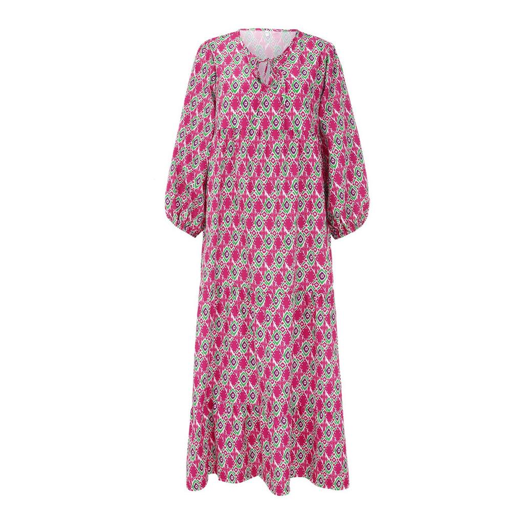 Women Floral Print Bohemian Long Dress Loose V-Neck Fashion Summer Beach Dress