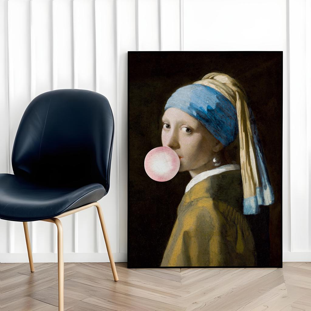 Poster Mädchen mit Ballon Vermeer in schwarzem Rahmen 