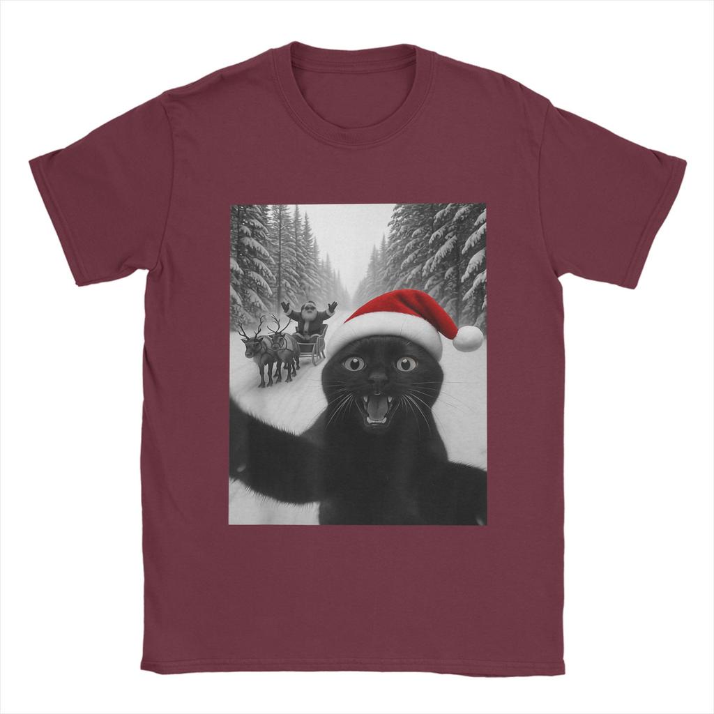 Lustiges Katzen-Selfie mit dem Weihnachtsmann Weihnachts-T-Shirts für Herren Tolle T-Shirts Kurzarm Rundhals-T-Shirts Neu eingetroffene Kleidung