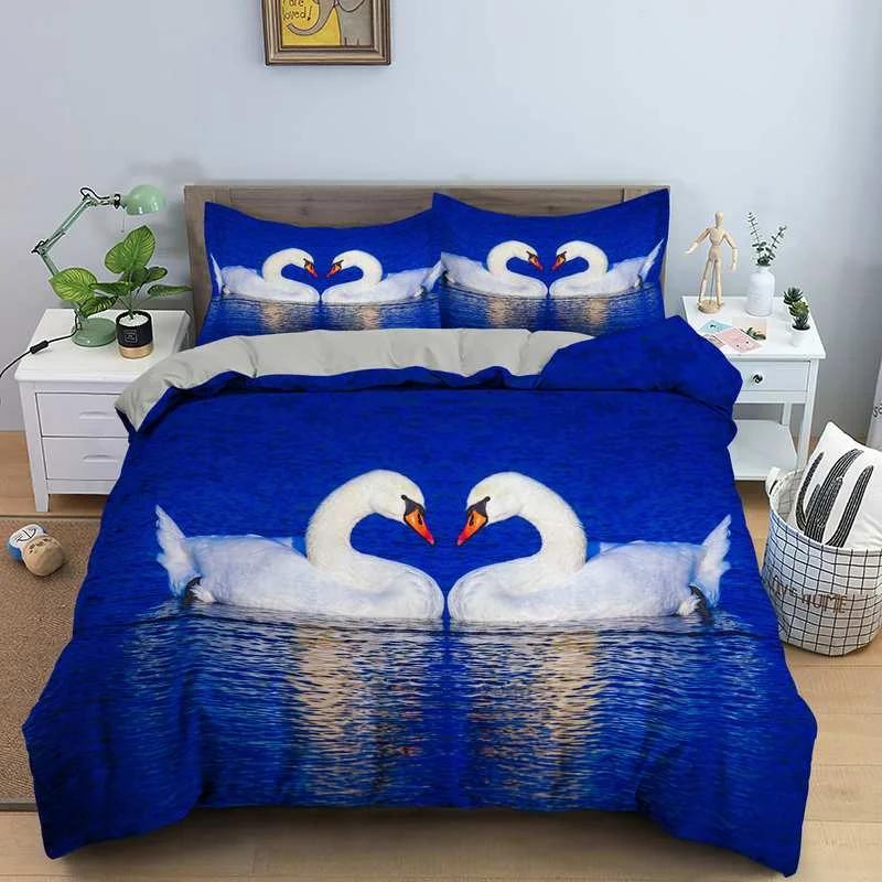 Swan Duvet Cover Set Single King Girl Crown Comforter Cover Romantic Floral Bedding Set Polyester Princess Style Bedspread Cover